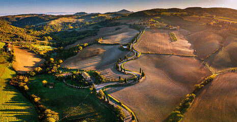 Obraz premium Winding cypress road in Val d'Orcia Tuscany, Monticchiello, Italy.