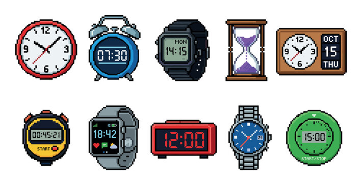 Diverse collection of pixelated timekeeping devices, including various clocks, watches, timers, and an hourglass, are displayed in a charming retro 8-bit style.