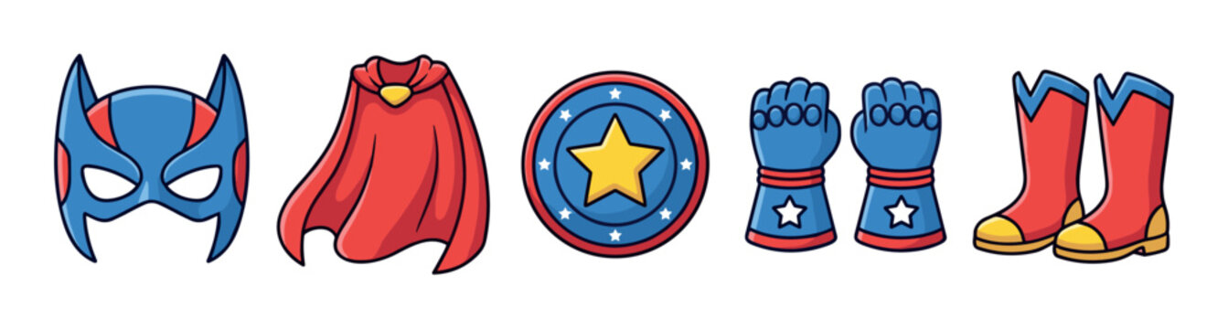 Superhero costume and gear icon set featuring colorful vector illustrations of a hero mask red cape star shield blue gloves and boots isolated on white.