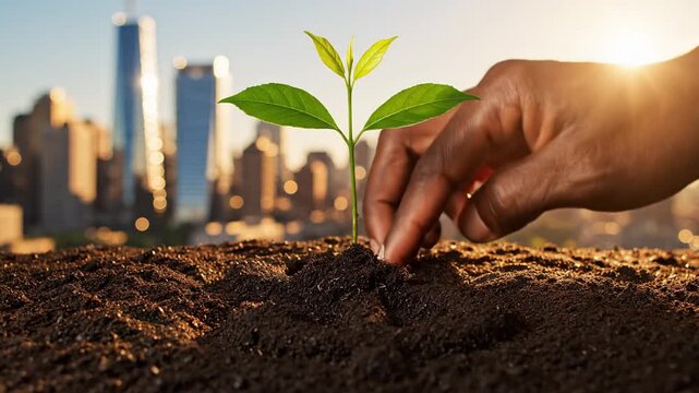 African hand planting seedling in soil with city skyline at sunrise