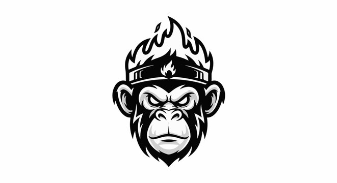 Fierce monkey with a crown of flames, monochrome, fierce expression