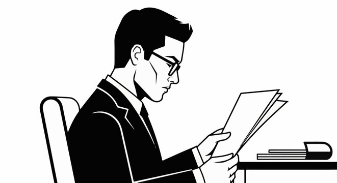 Focused man in glasses and suit reads documents at a desk