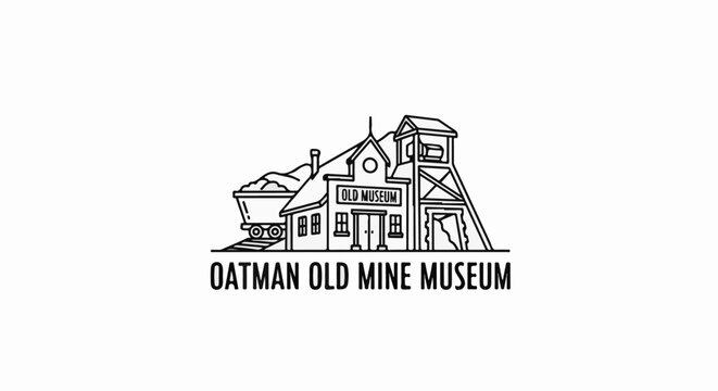 Line art depicts a mining museum with a mine cart and headframe