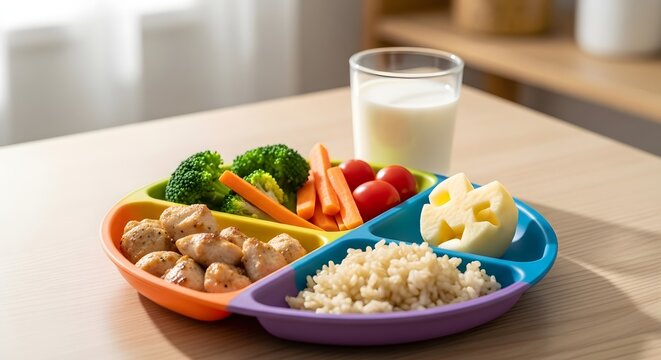 Healthy balanced meal for child on colorful divided plate