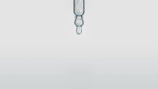 Macro shot of a transparent serum drop falling from a glass pipette. Liquid cosmetic product with air bubbles on a white background. Beauty and skincare concept. 3d animation