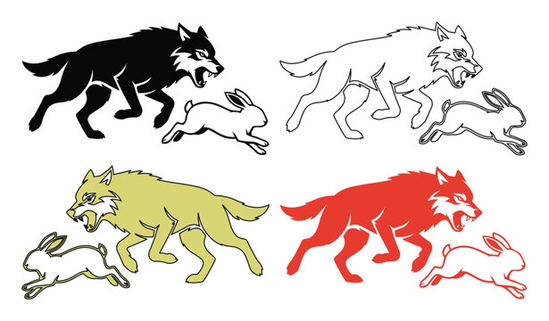 Aggressive wolf chasing rabbit vector set, predator and prey animal silhouettes, hunting scene with snarling wolf and running hare icons