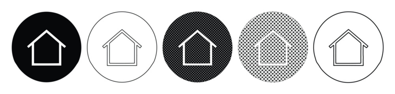 Minimalist home icon set in circular buttons, 5 vector house symbols for web navigation, black and white real estate homepage UI elements
