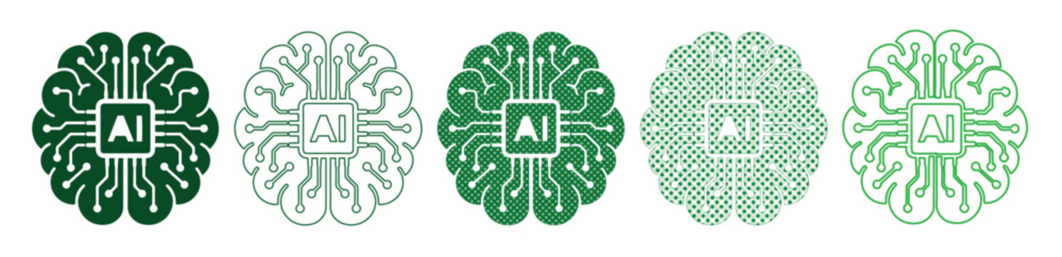 Artificial intelligence brain icons set, green digital neural network circuit symbols, 5 vector AI brain logo elements for machine learning