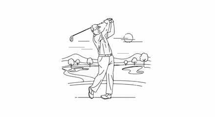 Fototapeta premium Golfer swings club during a game on a sunny day with rolling hills