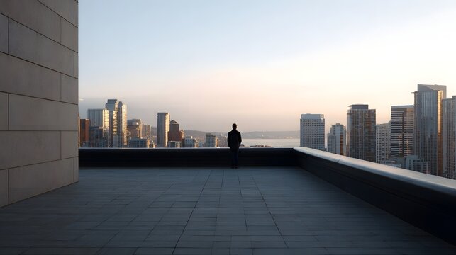 A solitary figure contemplates the vast modern city skyline from a high rise rooftop at dusk