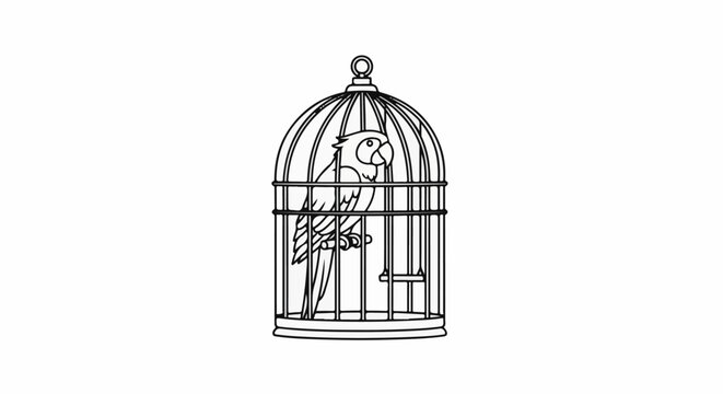 Line art drawing of a parrot perched inside a decorative cage