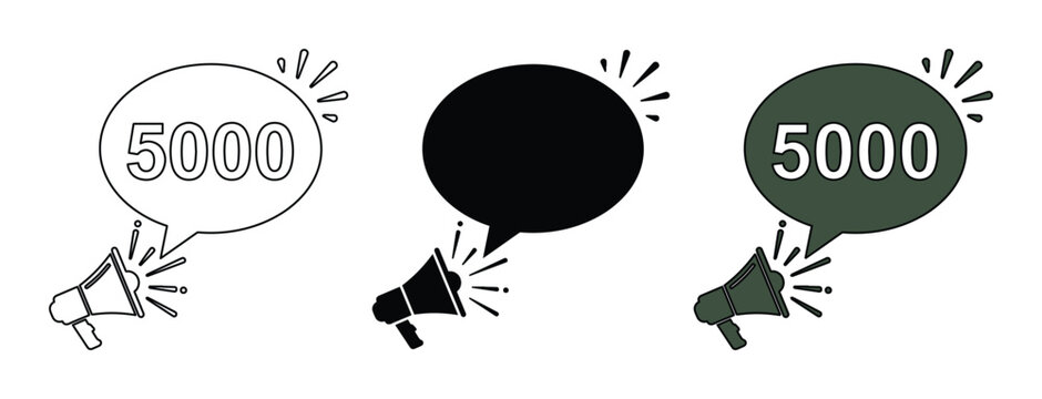 Megaphone with 5000 number in speech bubble, social media follower milestone icons, megaphone announcement vector set for marketing goals