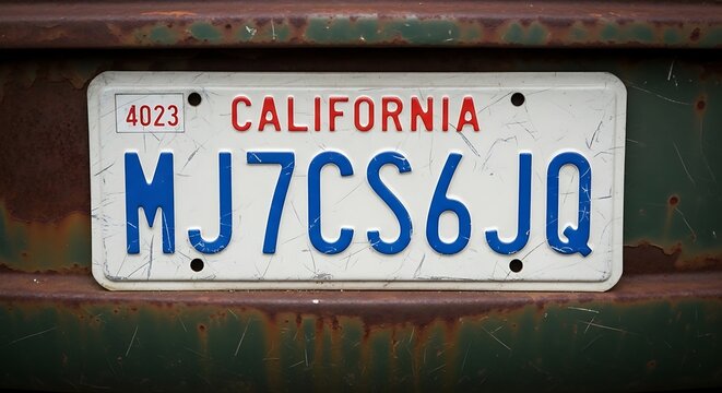 A close-up shot of a license plate against a rusty, weathered background. The plate shows alphanumeric characters and state name