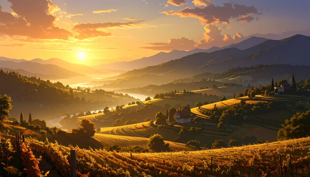 Sunset over rolling hills and mountains