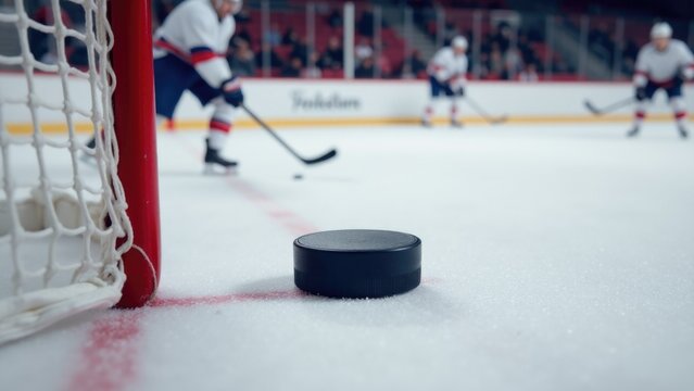 A hockey puck resting on the surface of an icy rink, perfect for use in sports-related designs