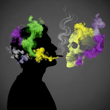 Silhouette of a person smoking with a skull emerging from the smoke.