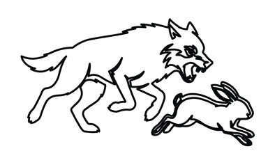 Fototapeta premium Minimalist wolf chasing rabbit line art vector, aggressive predator hunting prey illustration, black and white wildlife animal sketch