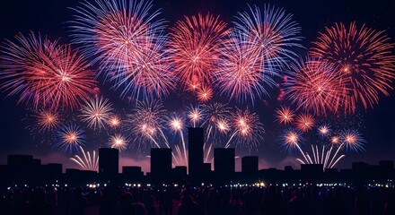 Obraz premium Spectacular independence day fireworks display over a city skyline usa