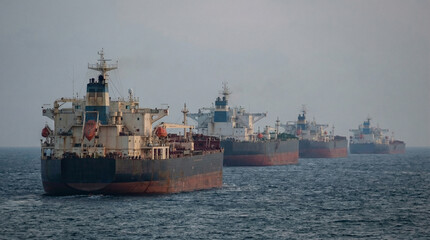 Fototapeta premium Four large cargo ships navigating through calm waters under a hazy sky, showcasing shipping industry. Concept of tanker traffic, oil supply, maritime trade, logistics, energy crisis, space for text