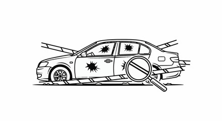 Obraz premium Line art of damaged car with bullet holes and magnifying glass