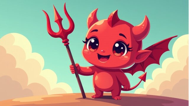 A little devil holding a pitchfork on a hill, perfect for scenes of darkness and evil