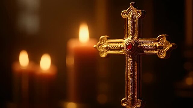 Ancient golden crucifix glowing with divine light rays in dark cathedral, bokeh candle flame background