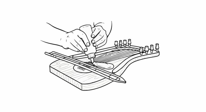 Hands applying adhesive to a stringed instrument, likely a lyre