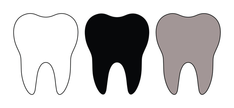 Minimalist tooth icon set with 3 vector elements, dental health symbols in outline and solid black styles, molar tooth silhouettes for dentistry