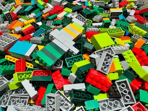 Bangkok Thailand, April 13, 2026: A close-up of a large pile of colorful Lego bricks in a child's toy storage box.