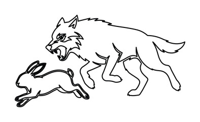 Aggressive wolf chasing rabbit vector illustration, black and white line art of predator and prey, wild animal hunting scene for coloring book © Nasira's studio