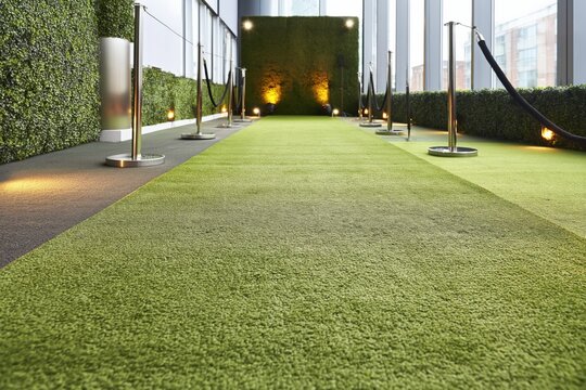 Green carpet pathway inside modern glass atrium corridor