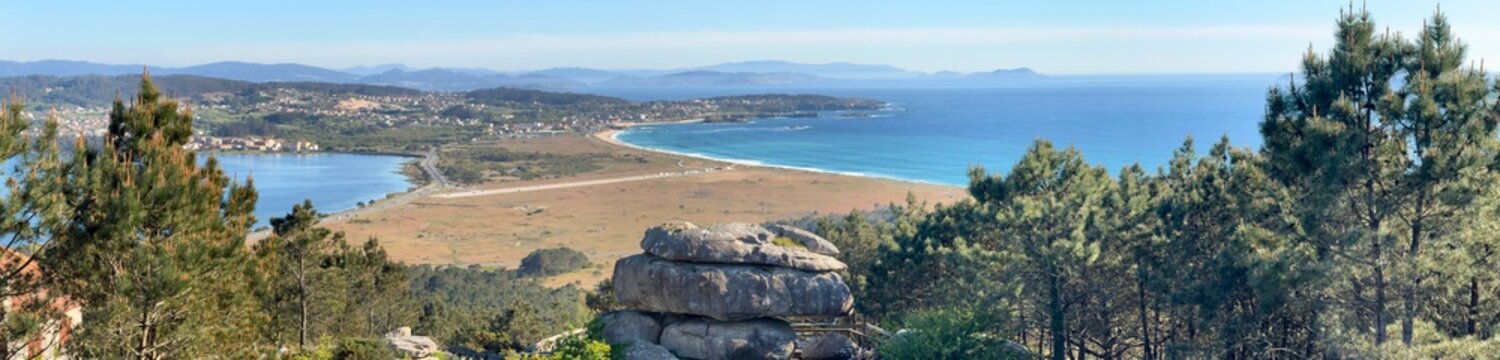 Panoramic view from the observation deck of the beautiful Lanzada beach, O Grove, Galicia, Spain