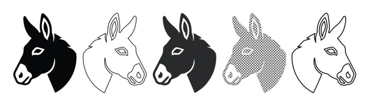 Minimalist donkey head vector icons, set of 5 donkey profile illustrations in black and grey, farm animal mascot logo elements for branding