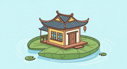 Fototapeta premium A serene and peaceful vector illustration of a traditional Asian house on a lily pad in a pond