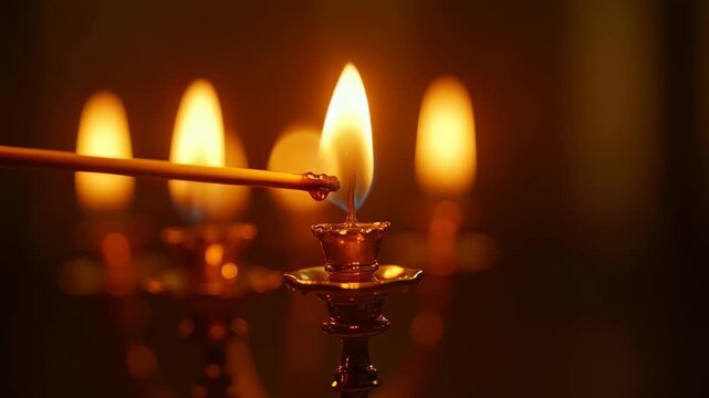 Jewish menorah candles burning with golden wax dripping in synagogue, flame texture and brass detail, dark warm interior background