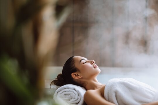 Young woman relaxing reclined with towel in spa room