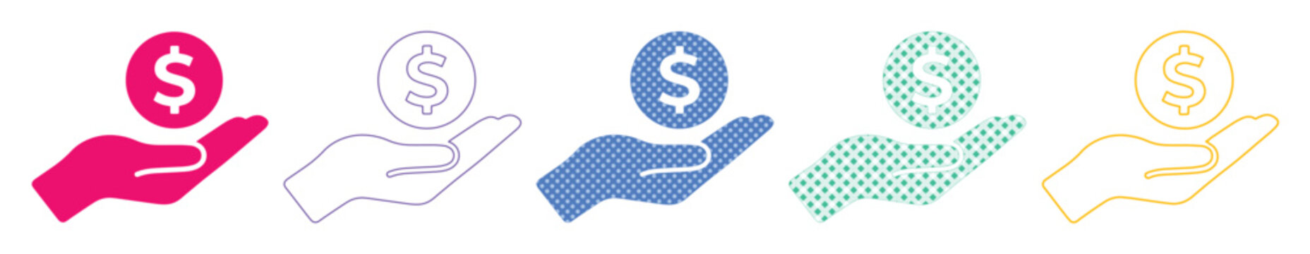 Minimalist money hand icons set, colorful dollar coin in palm vector, financial donation and investment symbols, 5 diverse graphic styles