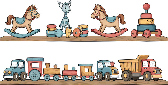 Vintage Kids Toy Shelf Collection with Wooden Train Rocking Horse Car Truck and Animal Figures Cartoon Flat Vector Illustration