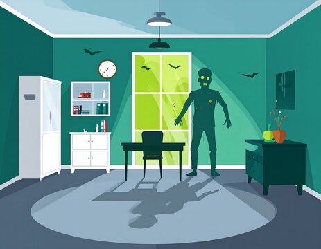 Cartoon-style zombie stands in a room with furniture and a window