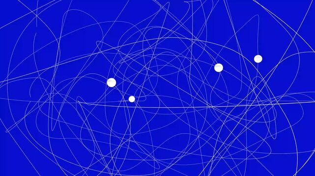 Seamless 4K animation of white spheres moving along chaotic tangled lines like molecules. A dynamic blue background with abstract scientific or neural network vibes.