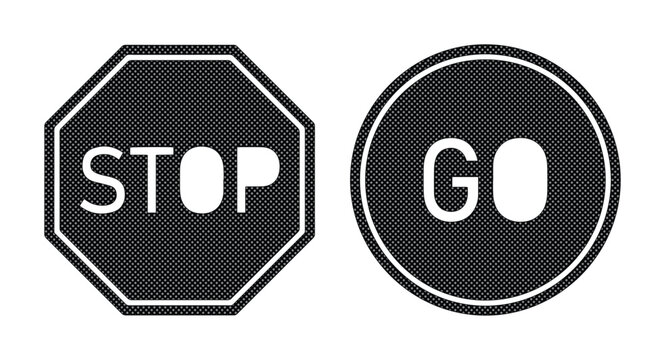 Minimalist stop and go traffic sign icons, black octagonal stop sign and circular go sign vector, flat road safety symbols for navigation