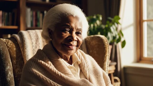 Peaceful granny solo sitting by the window in a cozy room