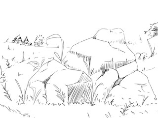 Hand Drawn sketch of a landscape with rocks and grass © Dear