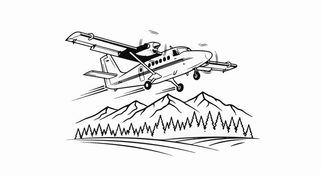 Stylized twin-engine plane soars over mountains and trees