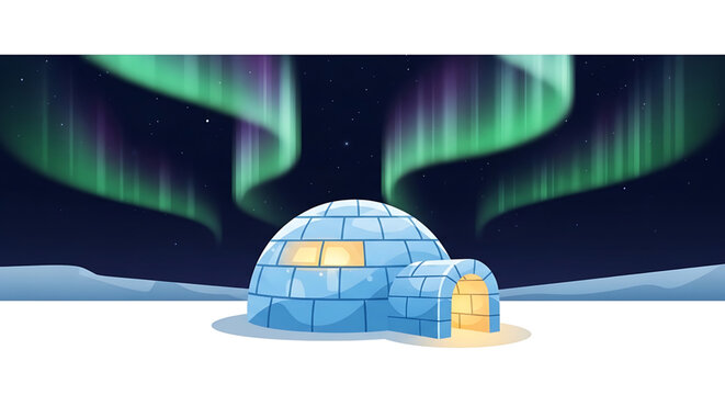 A colorful illustration of an igloo under the aurora borealis in a snowy landscape
