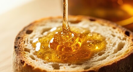 Fototapeta premium Honey Drizzling on Toast Delicious Breakfast, Healthy Food, Close-up