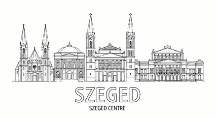 Fototapeta premium Stylized line drawing of a city skyline featuring churches and grand buildings