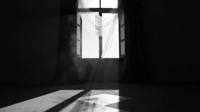 Mysterious abandoned room with light streaming through window and dust motes floating in air.
