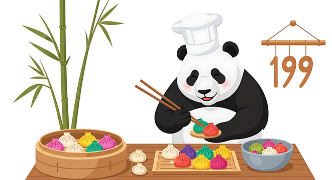 A cartoon panda chef preparing colorful dumplings in a kitchen setting with bamboo and a sign reading 199