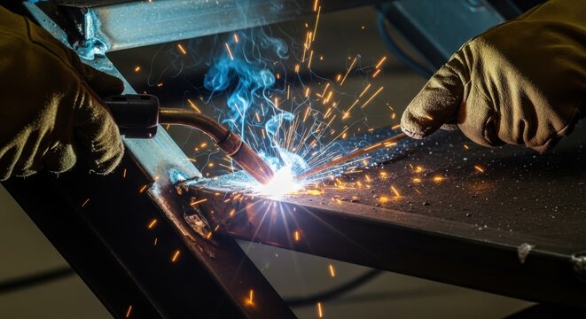 Welding process with sparks and blue flame during metalwork. Skilled hands hold welding tool while metal pieces are fused together. Concept for manual repair and metalworking projects.